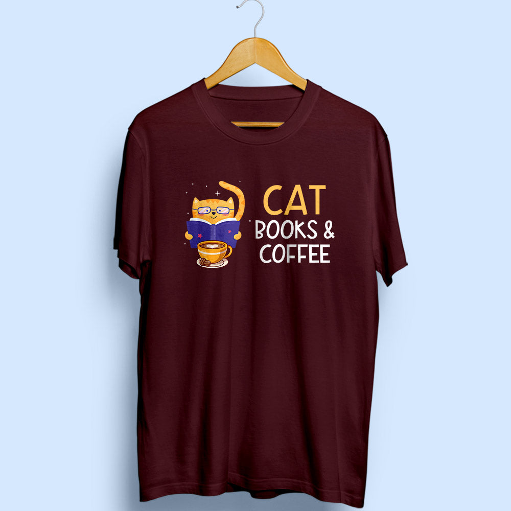 Cat Books Coffee Half Sleeve T-Shirt