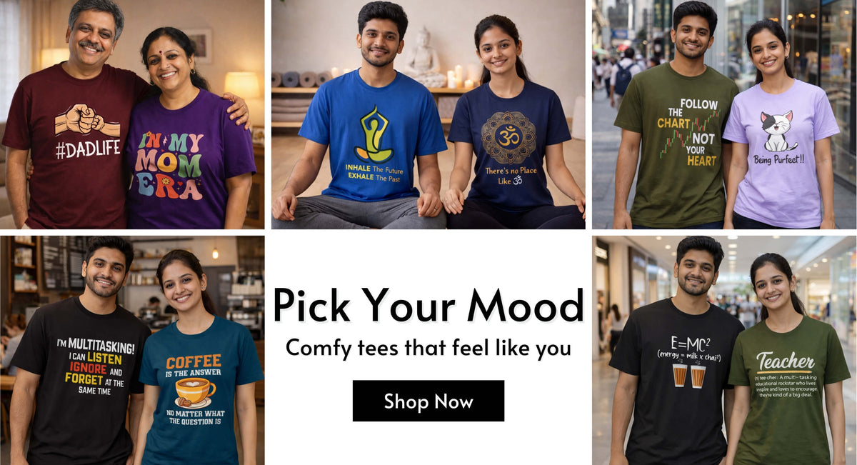 Indian men and women wearing Soul & Peace printed T-shirts featuring family, yoga, trading, pets, coffee and profession designs.