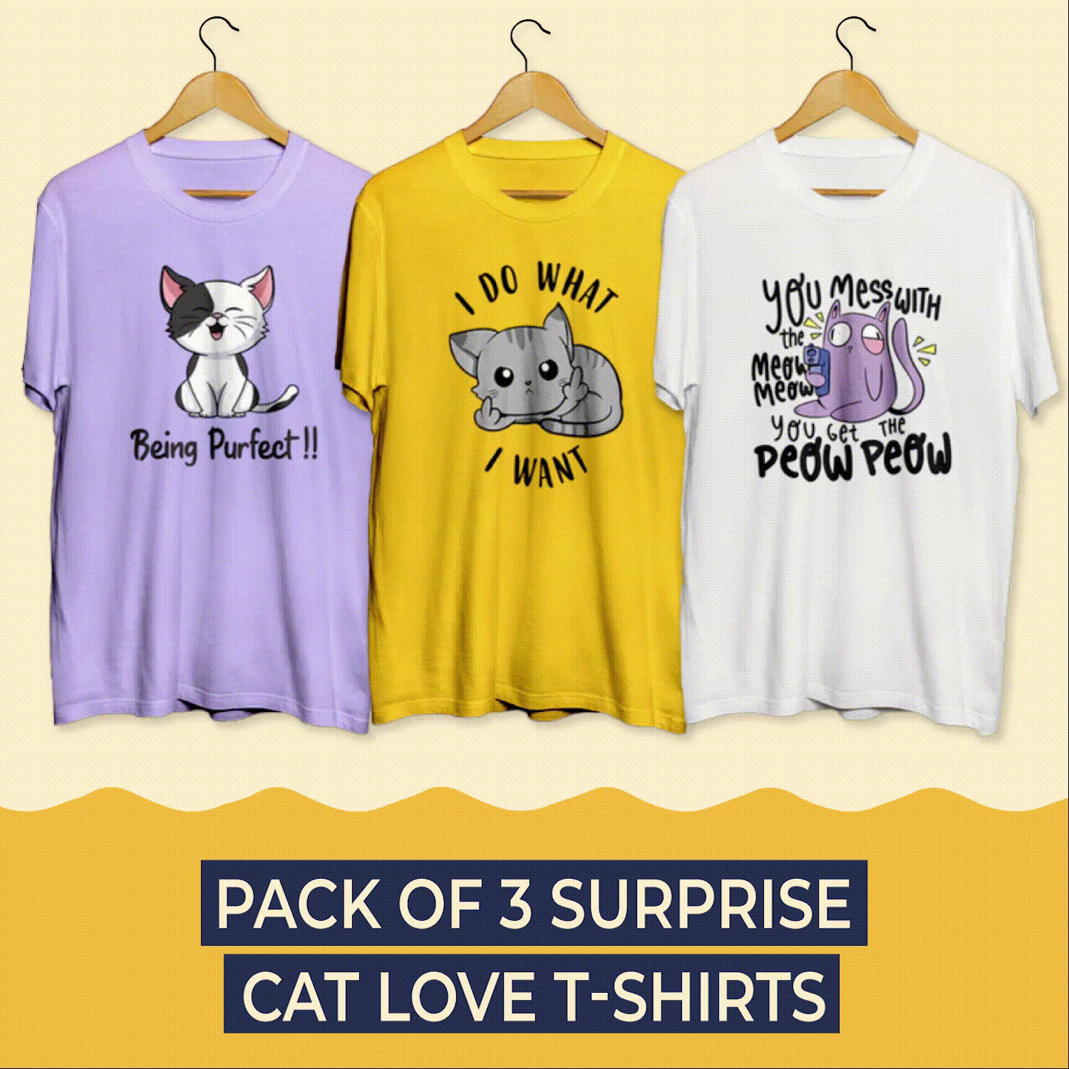 Pack of 3 Cat Love Surprise T-Shirts (Super Saver Pack) - Soul & Peace