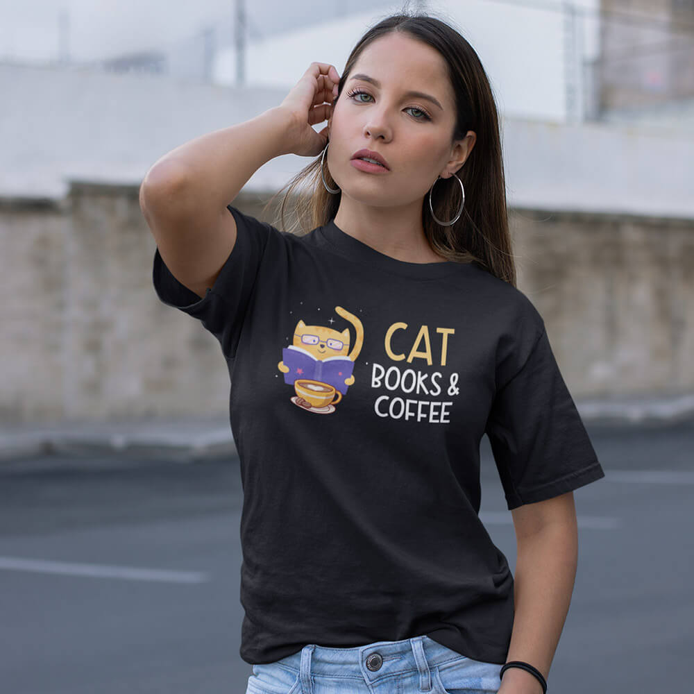 Cat Books & Coffee Half Sleeve T-Shirt - Soul & Peace